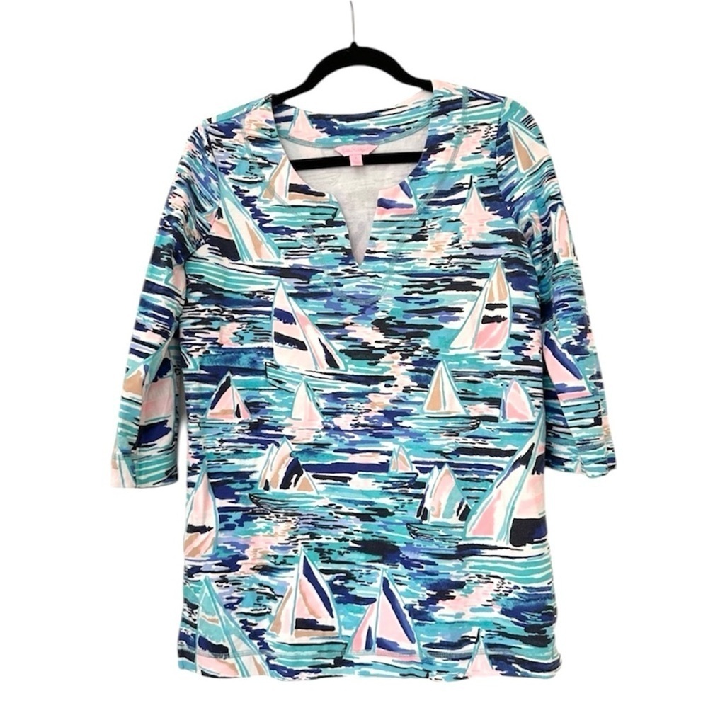 Lilly Pulitzer Sailboat Print Stretch Tunic Top Womens Small